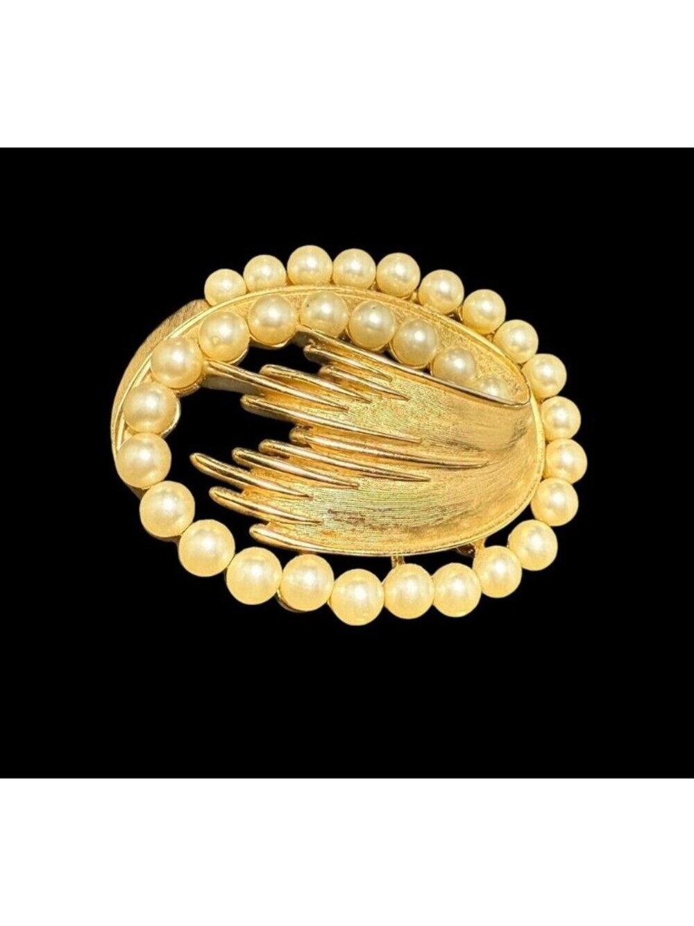 Vintage Crown Trifari Brooch Gold Faux Pearl Designer Runway Pin